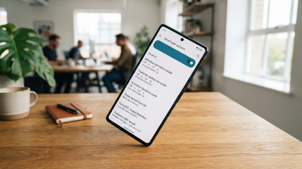 Android developer settings showing animation scales at half speed