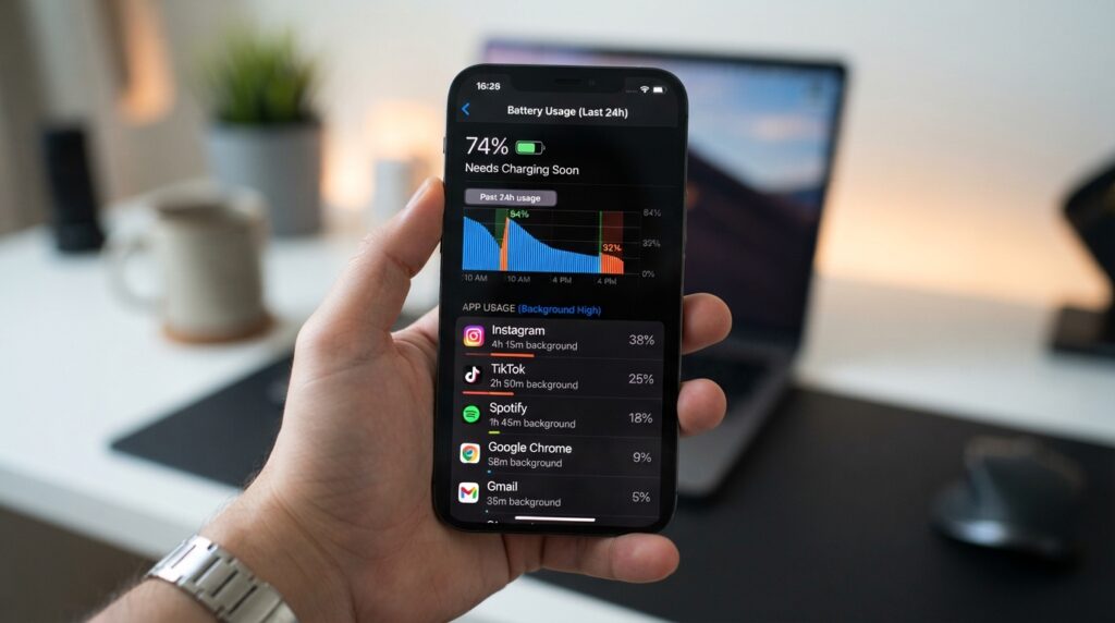 Battery usage screen showing apps with high background power use
