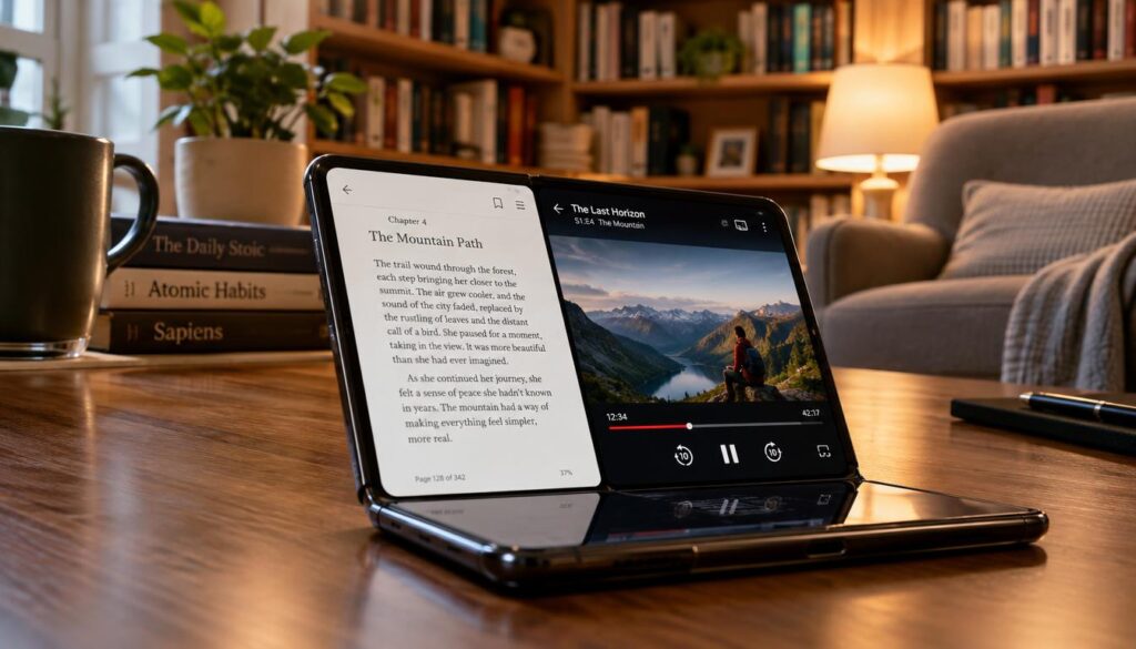 Book-style foldable opens to a larger screen for reading and video