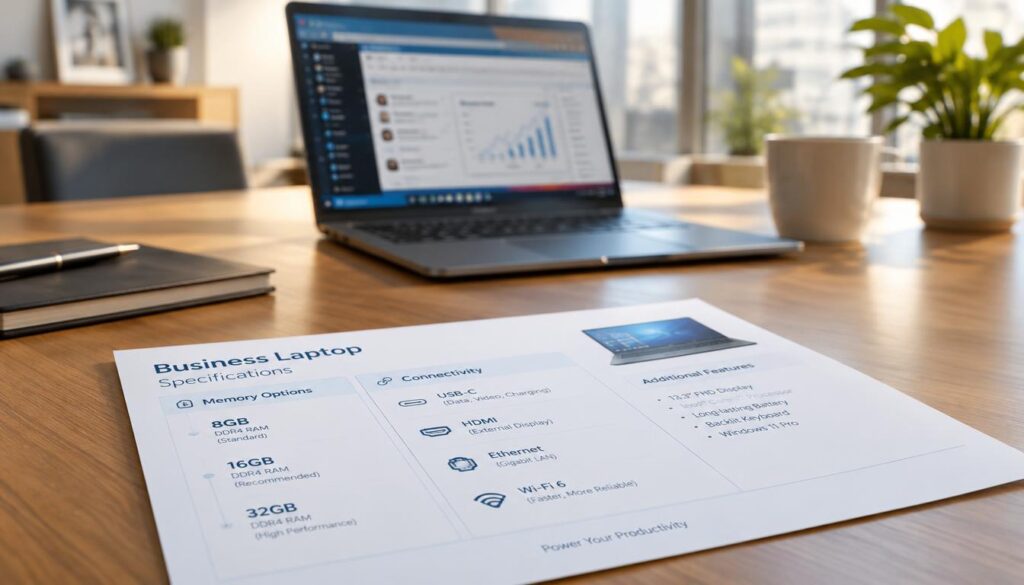 Business laptop specification sheet showing memory and connectivity choices