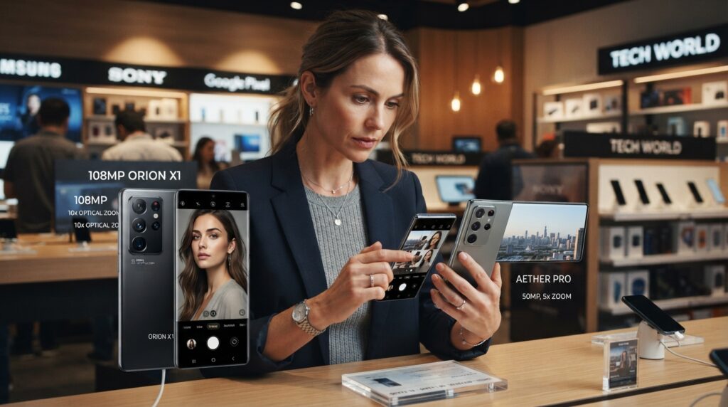 Buyer comparing camera phones for portraits and distant subjects
