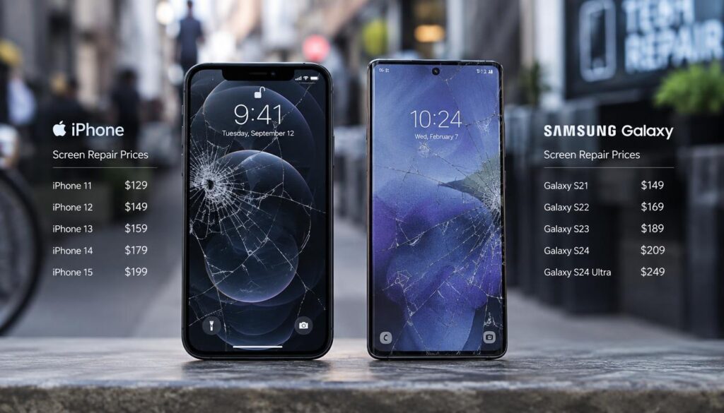 Cracked iPhone and Galaxy screens with repair prices listed