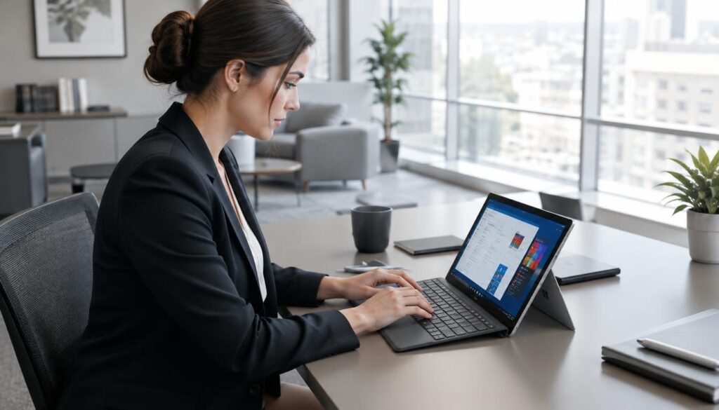 Employee using a Windows tablet with a keyboard for office tasks