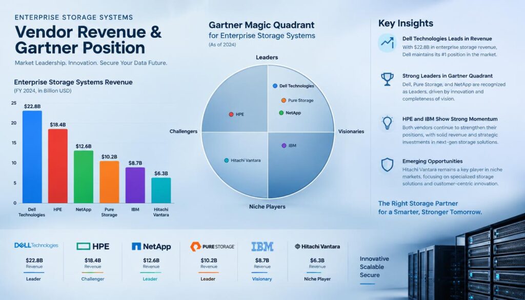 Enterprise storage systems compared by vendor revenue and Gartner position