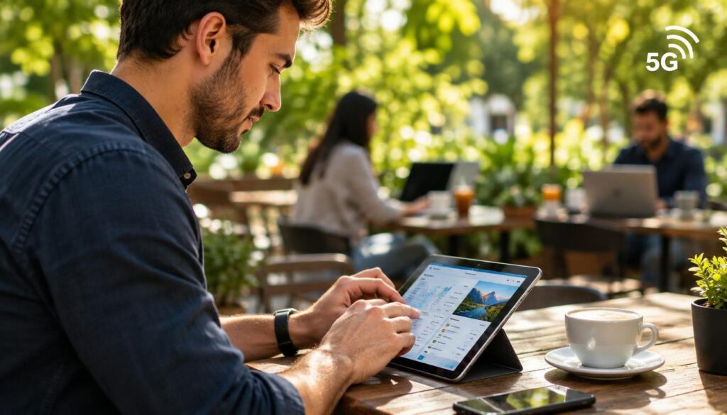 Mobile worker using 5G on a tablet away from office Wi-Fi