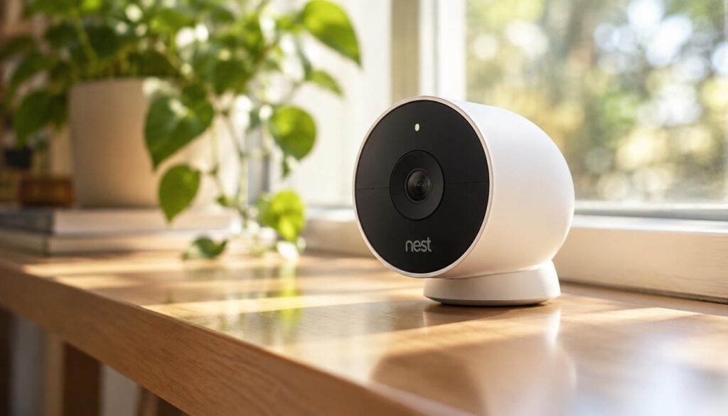 Nest Cam battery placed on a shelf near a window Nest Cam battery placed on a shelf near a window