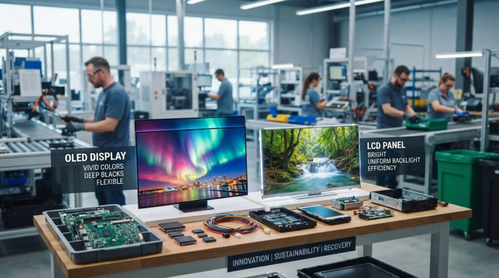 OLED and LCD display panels beside recycling and manufacturing materials