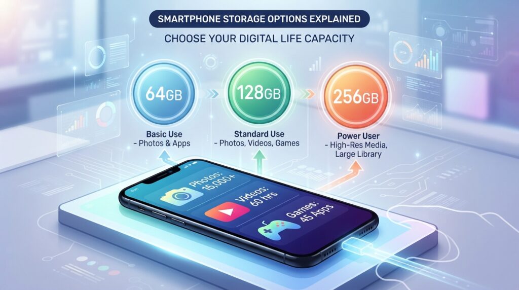 Phone capacity choices for photos, games, and offline video Phone capacity choices for photos, games, and offline video