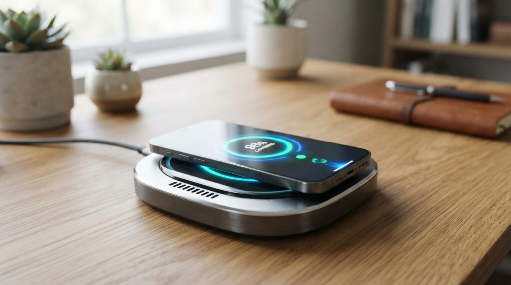 Phone centered on a ventilated wireless charger for steady power Phone centered on a ventilated wireless charger for steady power