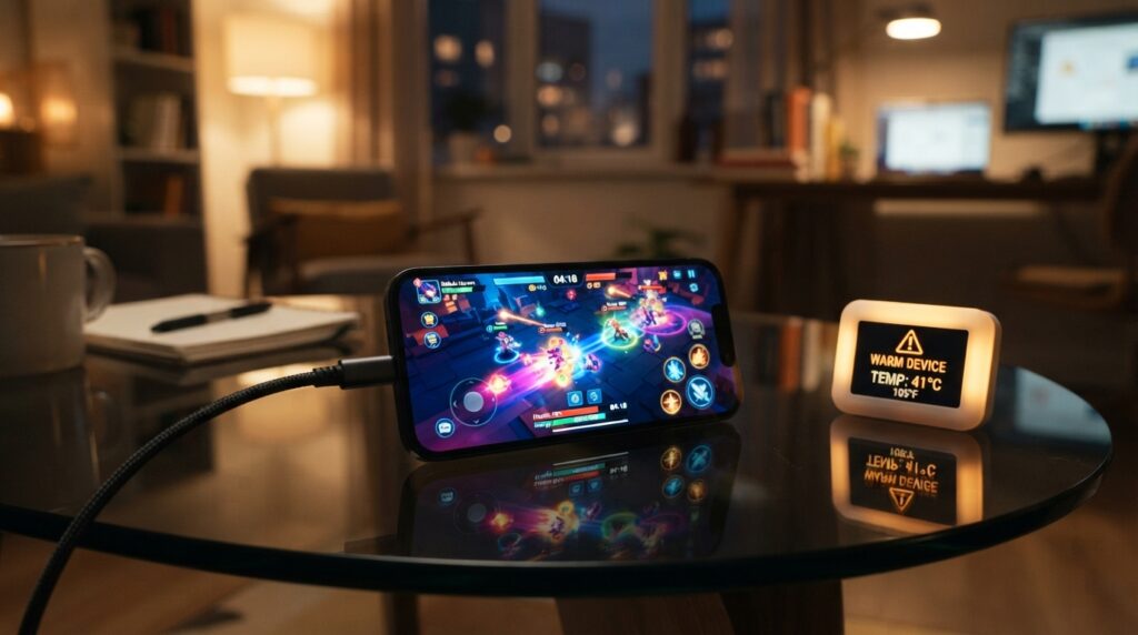 Phone charging beside a game app and warm device warning Phone charging beside a game app and warm device warning