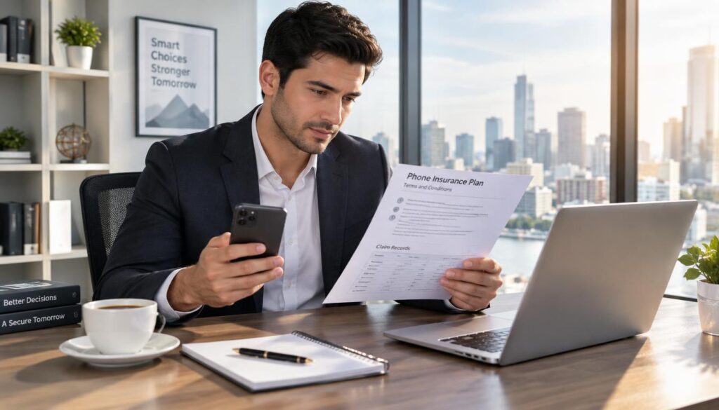Phone owner saving plan terms and claim records before enrollment