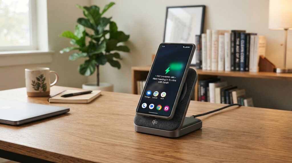 Phone resting on a Qi2 wireless charging pad at home Phone resting on a Qi2 wireless charging pad at home