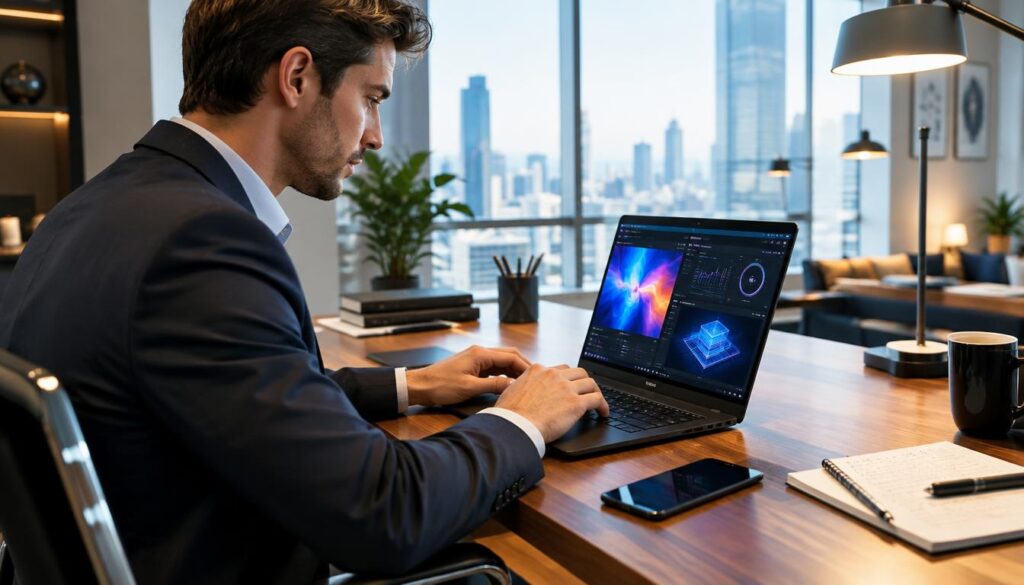 Professional using an OLED business laptop for multi-core work