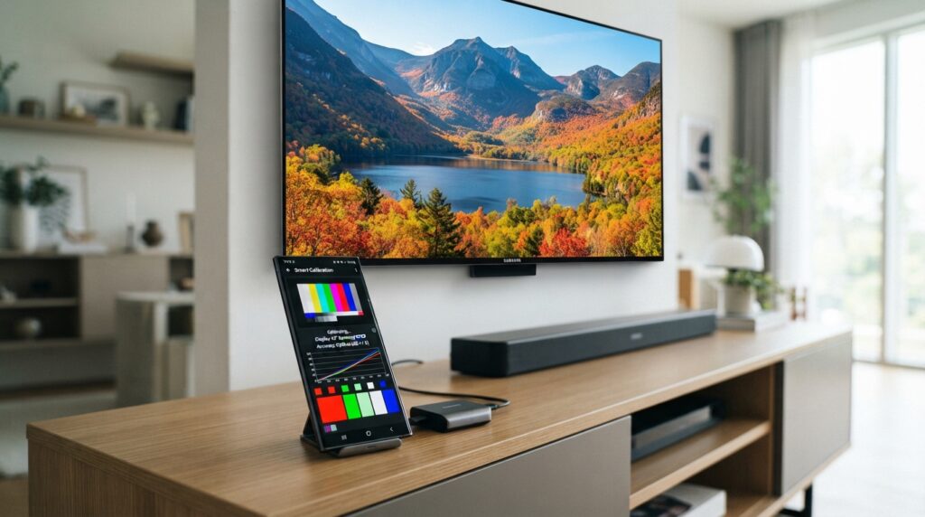 Samsung Smart Calibration setup with phone beside supported TV