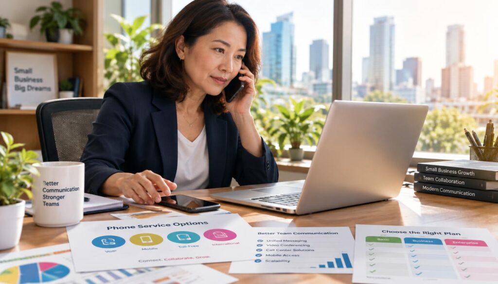 Small business owner matching phone service to team work