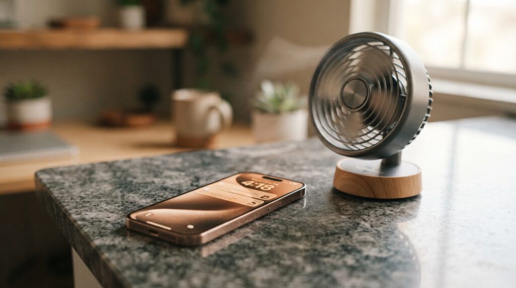 Warm phone resting on a hard surface beside a small fan Warm phone resting on a hard surface beside a small fan